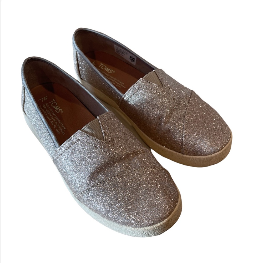 TOMS blush/gold glitter slip ons